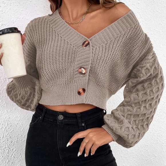 Khaki Casual Women's Cable Knit Drop Shoulder Cardigan - Picture 5 of 6